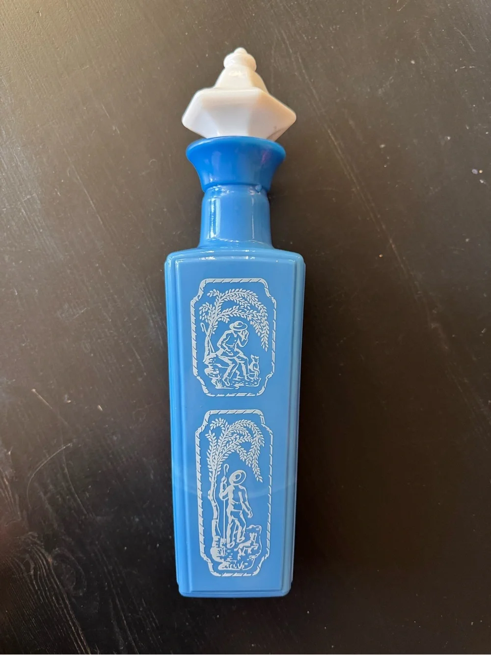 Vintage 1965 Jim Beam Blue White Milk Glass Dog Man Graphic Decanter Bottle